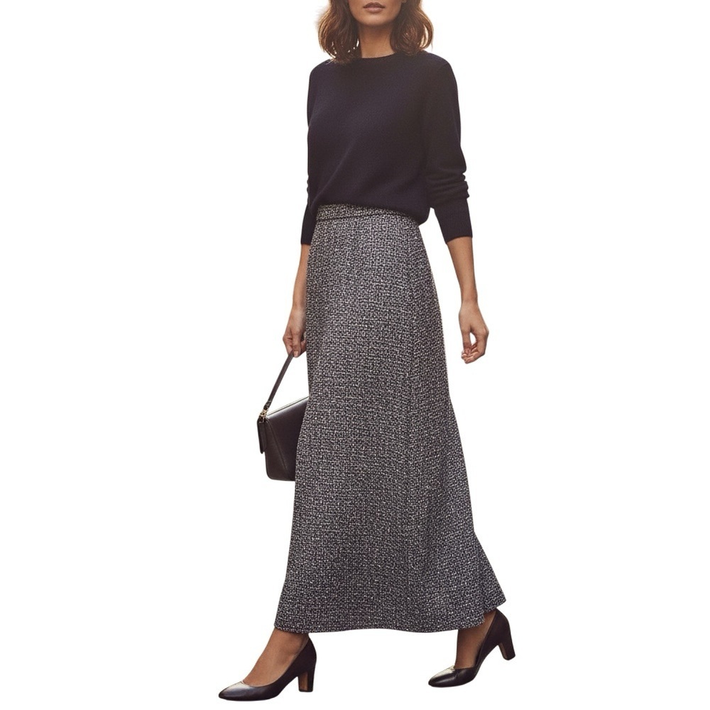 Vintage Tweed Maxi Skirt Black/ White Pull- On Size Small A-line Flare